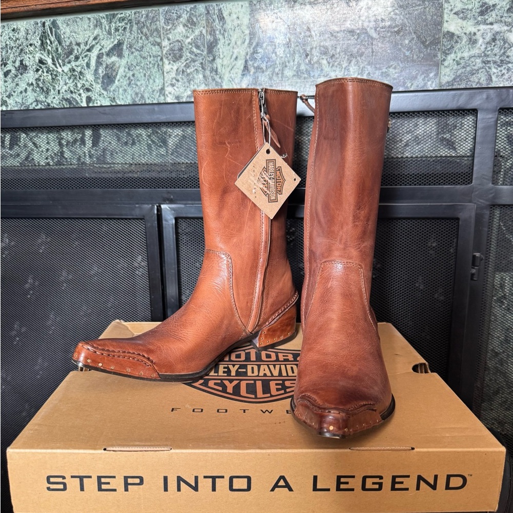 Harley Davidson Women Pointed Toe Western Moto Leather Boots Brown Size 7.5 RARE